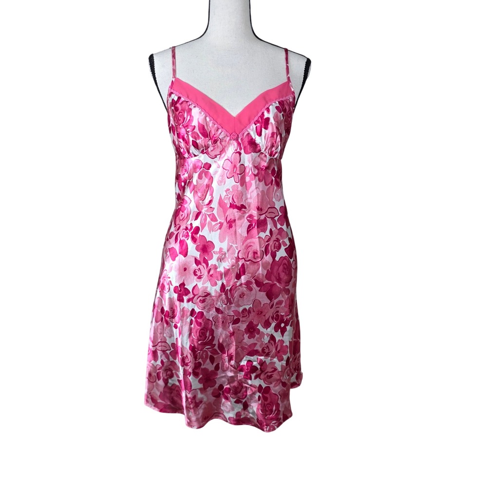Liz Claiborne Pink Floral Satin Chemise Nightgown Slip Medium Sleep, Lingerie